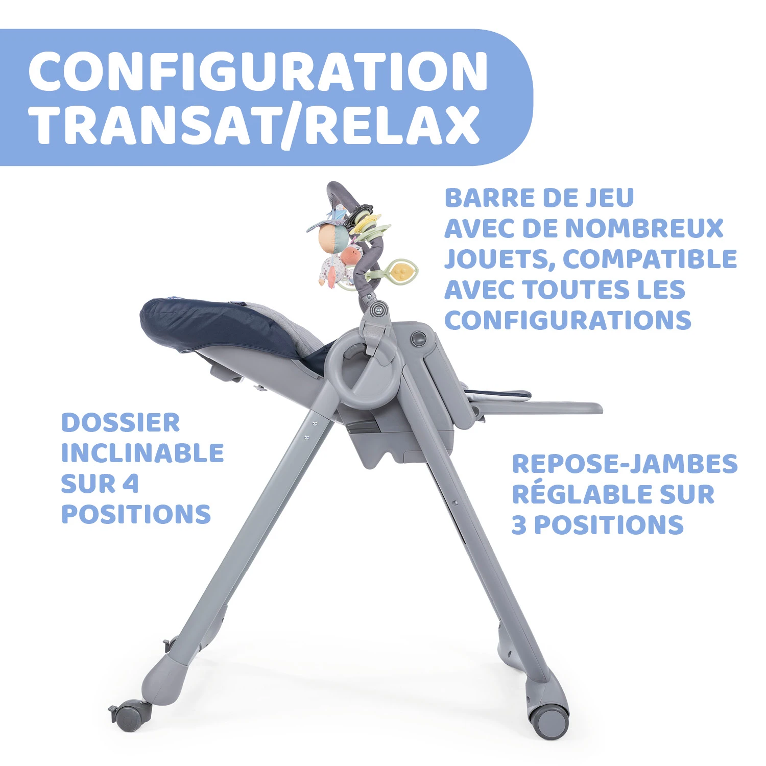 Chaise Haute Polly Magic Relax 4 Roues India Ink De Chicco 4 Chaise Haute Polly Magic Relax 4 Roues India Ink De Chicco – Image 2