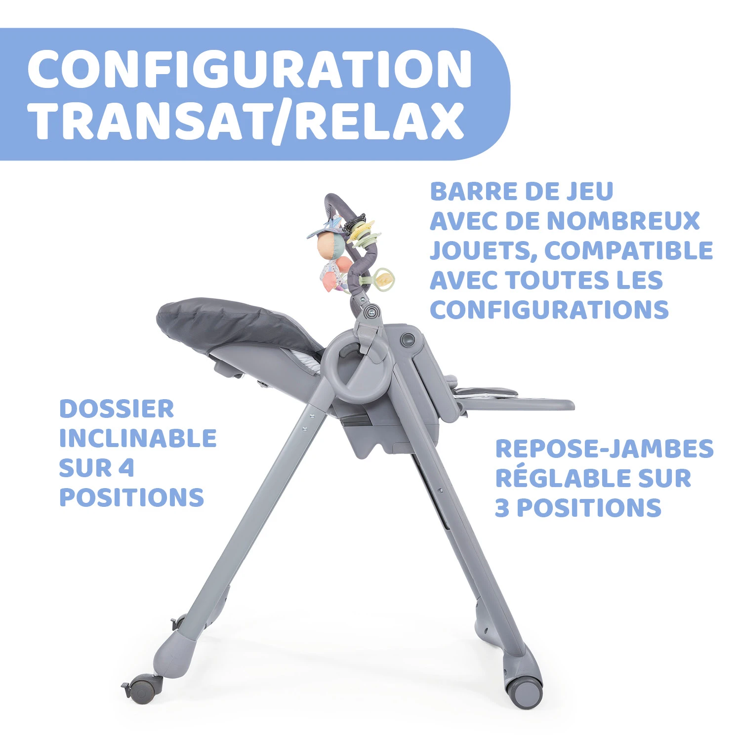 Chaise Haute Polly Magic Relax 4 Roues Graphite De Chicco 4 Chaise Haute Polly Magic Relax 4 Roues Graphite De Chicco – Image 2